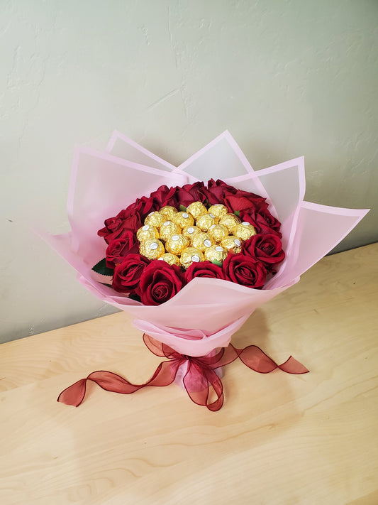Red Flowers and Ferrero Rocher Chocolates Bouquet