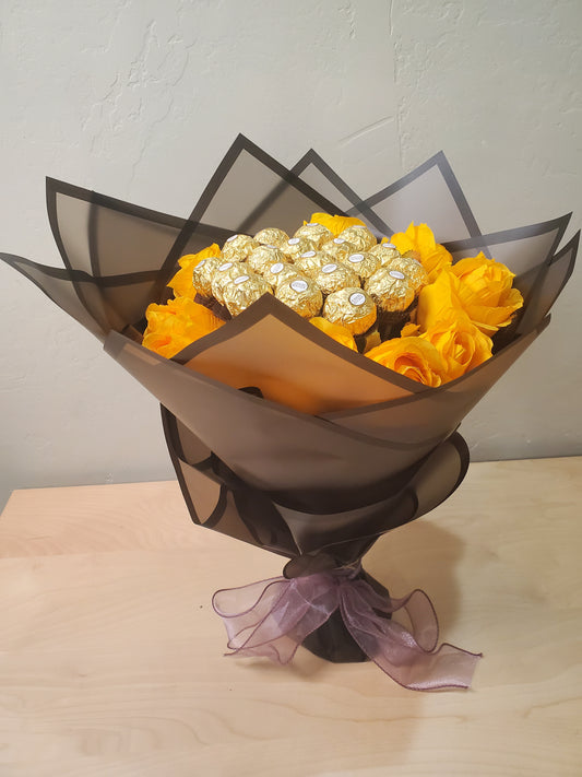 Yellow Flowers and Ferrero Rocher Chocolates Bouquet