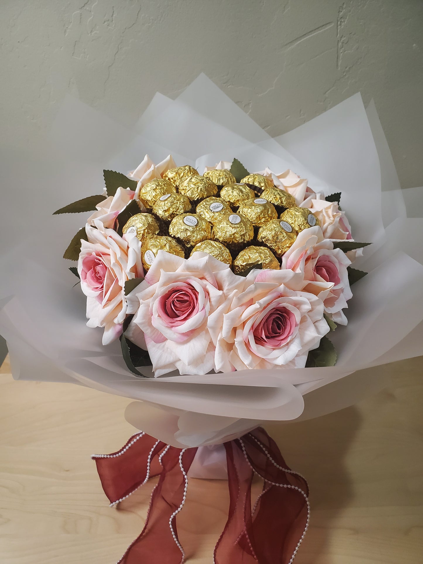 Pink Flowers and Ferrero Rocher Chocolates Bouquet
