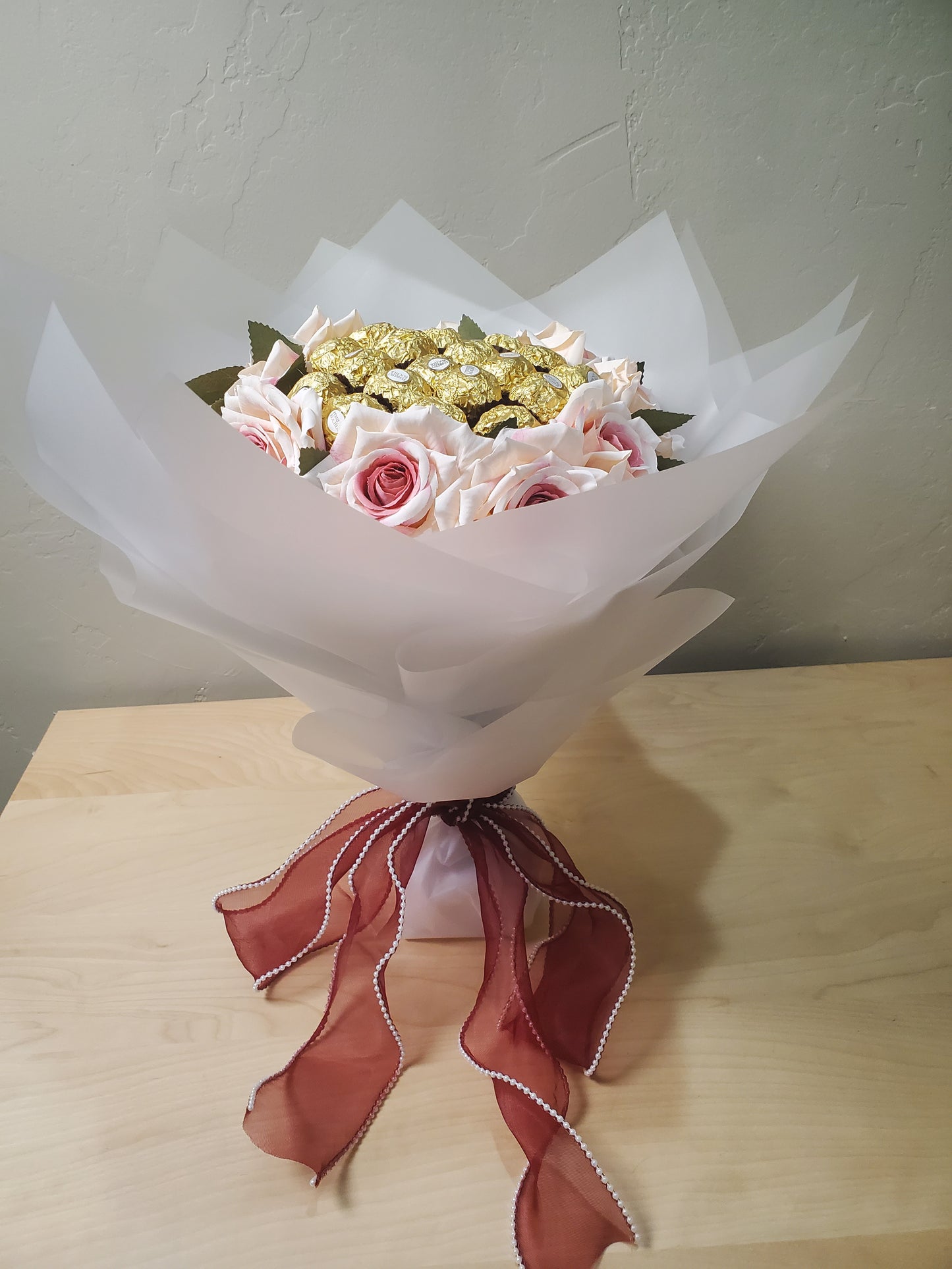 Pink Flowers and Ferrero Rocher Chocolates Bouquet