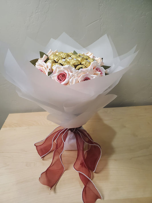 Pink Flowers and Ferrero Rocher Chocolates Bouquet