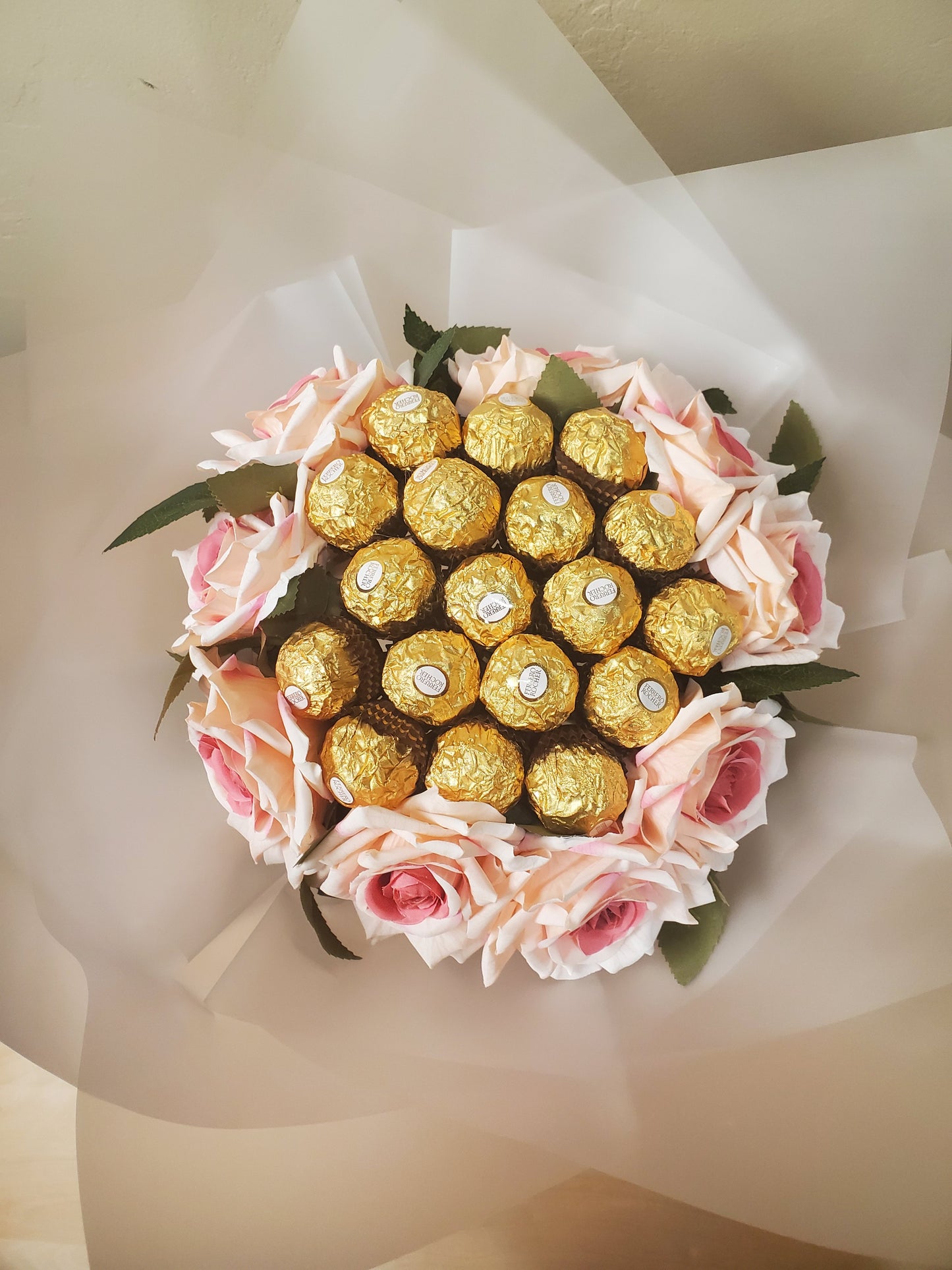 Pink Flowers and Ferrero Rocher Chocolates Bouquet